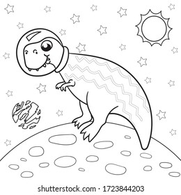 Vector illustration of dinosaur astronaut in space, tyrannosaur - Coloring book for children