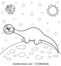 Vector illustration of dinosaur astronaut in space, diplodocus - Coloring book for children