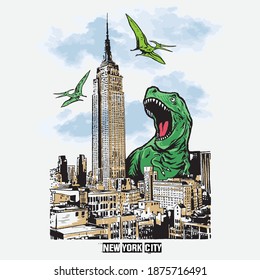 Vector illustration of dinosaur attacking the city