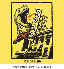 Vector illustration of dinosaur attacking the city