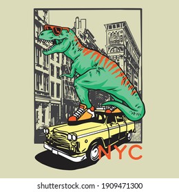 Vector Illustration Of Dinosaur Attacking The City. Graphic Design For Kids T-shirt 