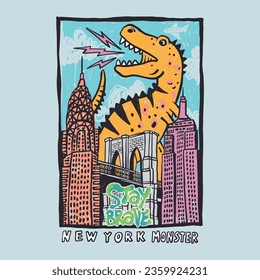 Vector illustration of a Dinosaur attacking the city and text elements. Hand drawing