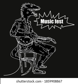 Vector illustration of a dinosaur with a band player style for both banner and t-shirt printing
