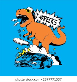 Vector illustration of dinosaur cartoon with typographic elements