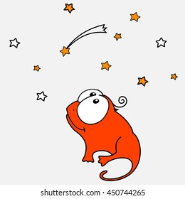 Vector illustration, dinosaur, cartoon,monster, dragon,star, make a wish, to believe in the dream,falling star,eyes,little,childhood