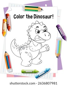 Vector illustration of a dinosaur coloring page surrounded by colorful crayons, ideal for children's activities
