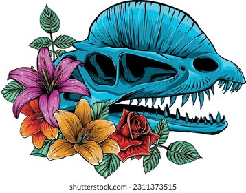 Vector illustration of dinosaur dilophosaurus skull with tropical flowers