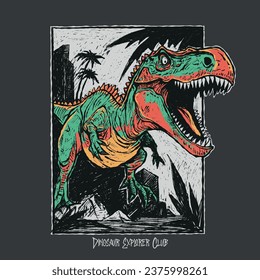 Vector illustration of a dinosaur drawing with city and forest view. For Boys t-shirt.