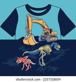 Vector illustration of dinosaur driving  backhoe loader and dinosaur skeleton. Fossil hunter. For boys t-shirt.
