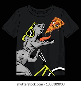 Vector illustration of dinosaur eating pizza. Graphic design for kid t shirt