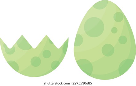 Vector illustration of a dinosaur egg. Green egg with spots. Whole egg and egg shell. Reptile.