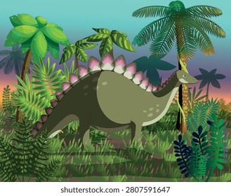 Vector illustration of dinosaur era, cute stegosaurus with background of many plants and sunset