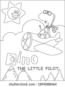vector illustration of dinosaur flies in the sky on an airplane. Creative vector Childish design for kids activity colouring book or page.