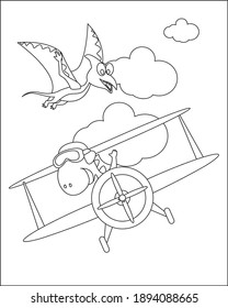 vector illustration of dinosaur flies in the sky on an airplane. Creative vector Childish design for kids activity colouring book or page.