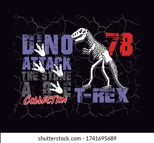 Vector illustration of dinosaur fossil with text and textured background.
