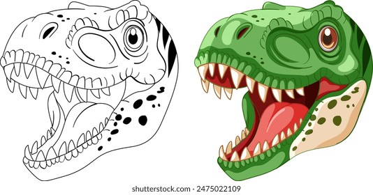Vector illustration of dinosaur heads in color and outline