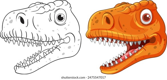 Vector illustration of dinosaur heads in color and outline