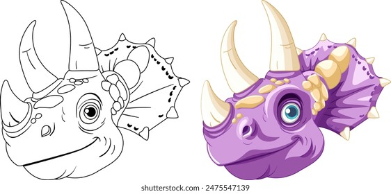 Vector illustration of dinosaur heads in color and outline