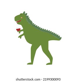 Vector illustration with dinosaur holding wineglass. Funny typography poster with t-rex, print design.