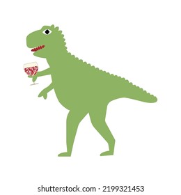 Vector illustration with dinosaur holding wineglass with sequin elements. Funny typography poster with t-rex, print design.