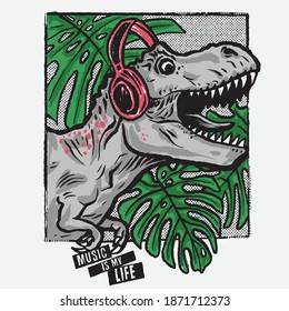 Vector illustration of dinosaur listening to music with headphones