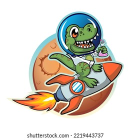 Vektorgrafik eines Dinosaurierschilds mit einem Glas chemischer Experimentflüssigkeit, das auf einer Rakete ins All gespielt wird