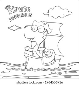 Vector illustration of dinosaur pirate on a ship at the sea with cartoon style. Childish design for kids activity colouring book or page.