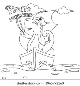 Vector illustration of dinosaur pirate on a ship at the sea with cartoon style. Childish design for kids activity colouring book or page.