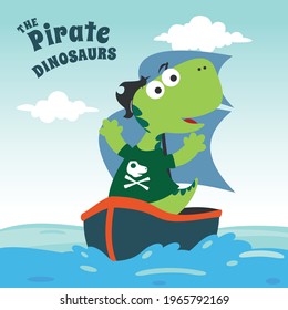 Vector illustration of dinosaur pirate on a ship at the sea with cartoon style. Creative vector childish background for fabric, textile, nursery wallpaper, poster, card, brochure. vector illustration.