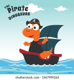 Vector illustration of dinosaur pirate on a ship at the sea with cartoon style. Creative vector childish background for fabric, textile, nursery wallpaper, poster, card, brochure. vector illustration.