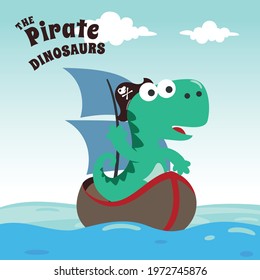 Vector illustration of dinosaur pirate on a ship at the sea with cartoon style. Creative vector childish background for fabric, textile, nursery wallpaper, poster, card, brochure. vector illustration.