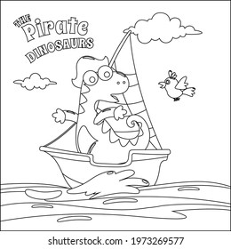 Vector illustration of dinosaur pirate on a ship at the sea with cartoon style. Childish design for kids activity colouring book or page.