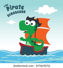 Vector illustration of dinosaur pirate on a ship at sea in cartoon style. Creative vector childish background for fabric, textile, nursery wallpaper, poster, card, brochure. vector illustration.