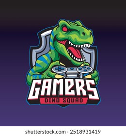 Vector Illustration of Dinosaur Playing Joystick with Esport Style Illustration Available for Logo Badge
