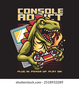 Vector Illustration of Dinosaur Playing Joystick with Gaming Console in Esport Style Illustration Available for Tshirt Design