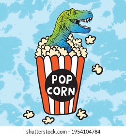 Vector illustration of dinosaur with pop corn and seamless pattern tie dye background elements 