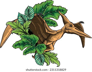 vector illustration of Dinosaur pterodactyl with leaves