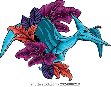 vector illustration of Dinosaur pterodactyl with leaves