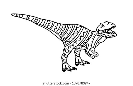 Vector illustration with dinosaur raptor for kids. Doodle style coloring book with small patterns. Coloring book for small children. Doodle drawing of a predatory lizard on its hind legs
