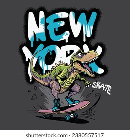 Vector illustration of a Dinosaur riding a skateboard and graffiti text elements.