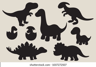 Vector illustration of dinosaur silhouette including Stegosaurus, Brontosaurus, Velociraptor, Triceratops, Tyrannosaurus rex, and Spinosaurus. svg