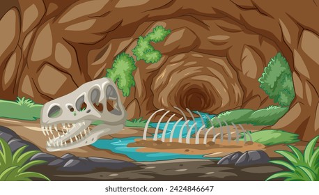 Vector illustration of dinosaur skeleton in a cave