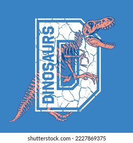 Vector illustration of Dinosaur skeleton with College typography. For boys t shirt.