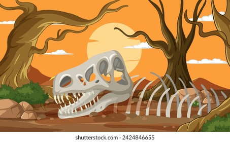 Ilustración vectorial de esqueleto de dinosaurio en el desierto