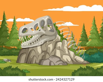 Vector illustration of a dinosaur skeleton in nature