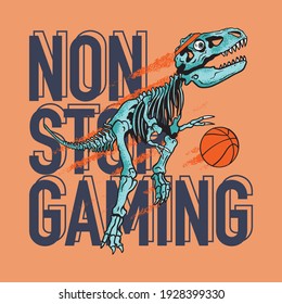 Vector illustration of dinosaur skeleton play basketball and typography 