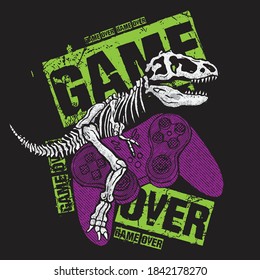 Vector illustration of dinosaur skeleton playing video game. 