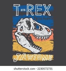 Vector illustration of Dinosaur skeleton with typography elements. For boys t-shirt.