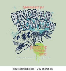 vector illustration of dinosaur skeleton and typography. For boys t-shirt.