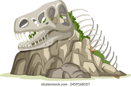 Vector illustration of a dinosaur skull among rocks